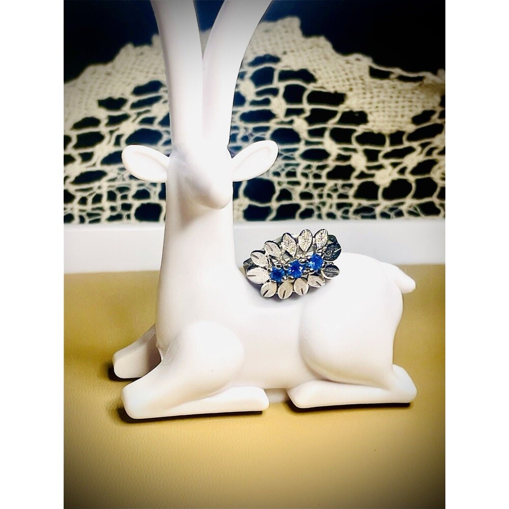 Vintage Sterling Blue Sapphire Flower & Leaves Ring Sz 6.5